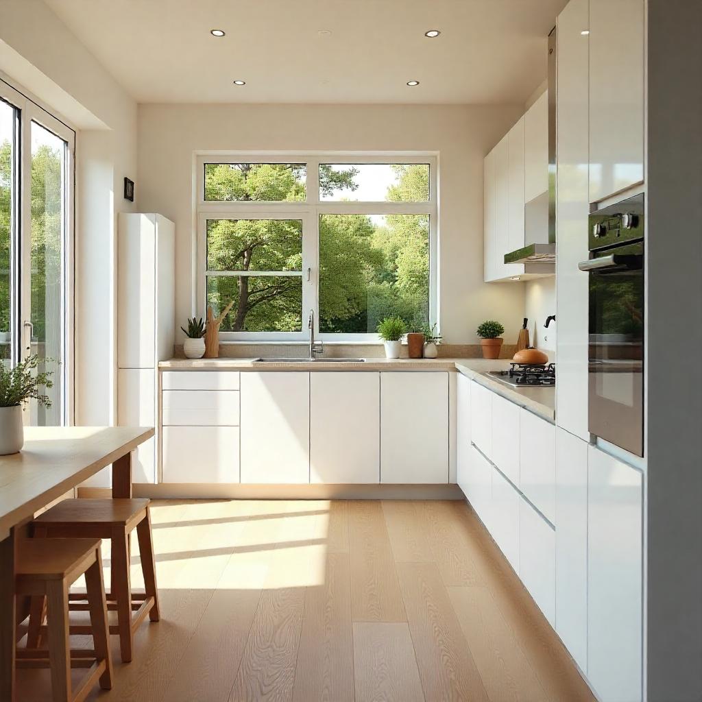 What Materials Make Up Kitchen Cabinets? 3 Glossy white laminate kitchen cabinets in modern open-concept home